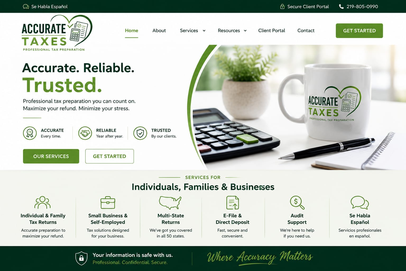 Accurate Taxes home presentation with tax services and office photograph