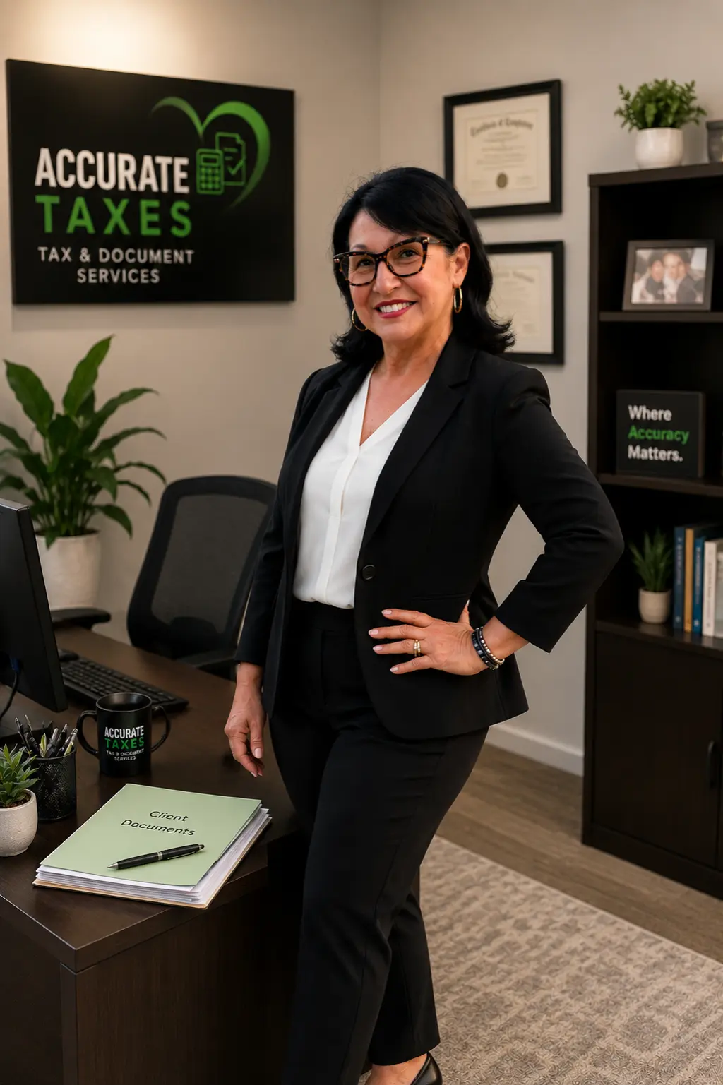 Lillian Torres standing in her Accurate Taxes office