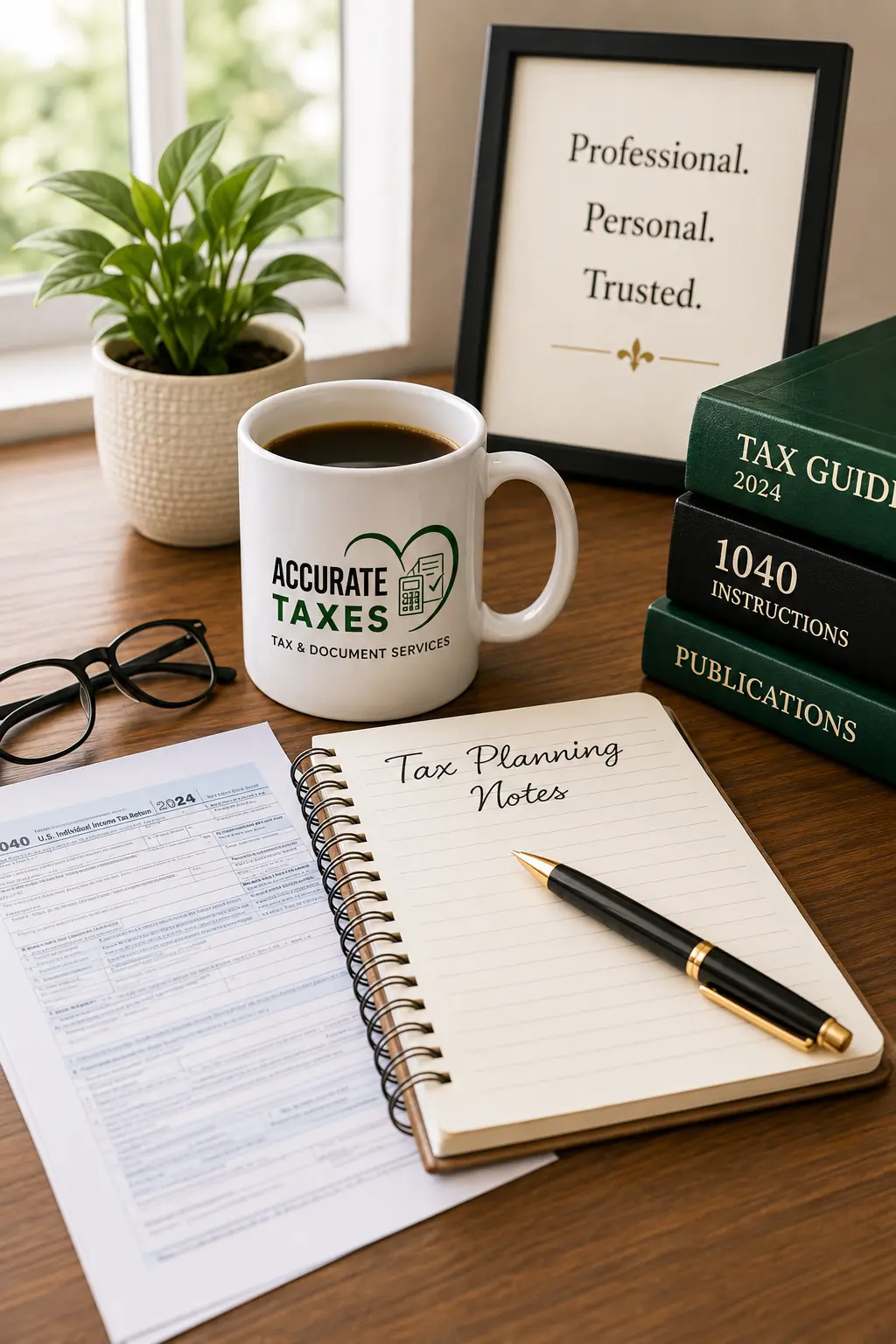 Accurate Taxes tax planning desk with forms, notebook and branded coffee mug